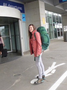 Backpack on, ready to enter the departure area at the airport
