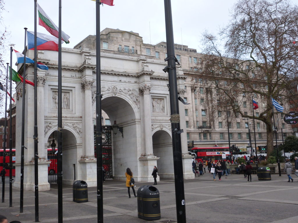 My parents first view of London: Marble Arch and double-decker buses