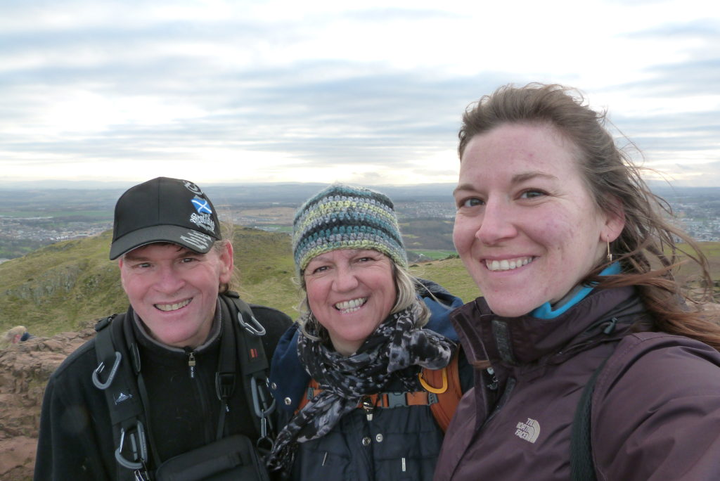 Family selfie on Arthurs Seat. Watery eyes and red faces were due to very cold wind!