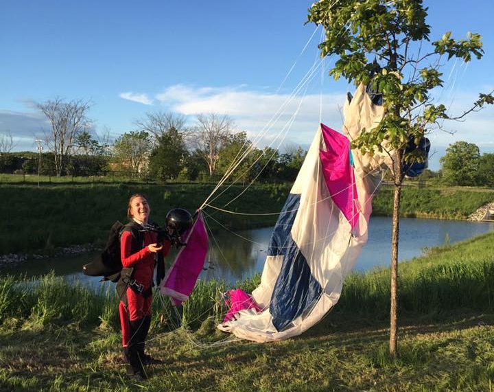 First landing, a bit far from the dropzone, but I managed to avoid all obstacles; the parachute landing in the tree after I touched the ground.