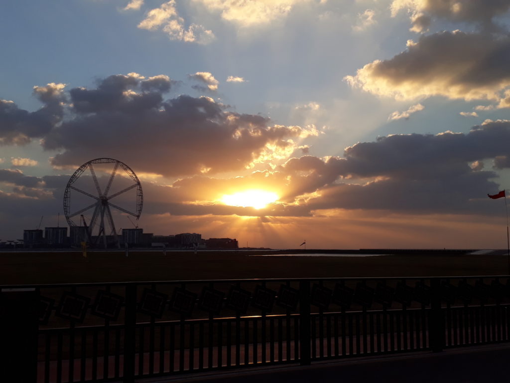 Sunset over the landing area of Skydive Dubai
